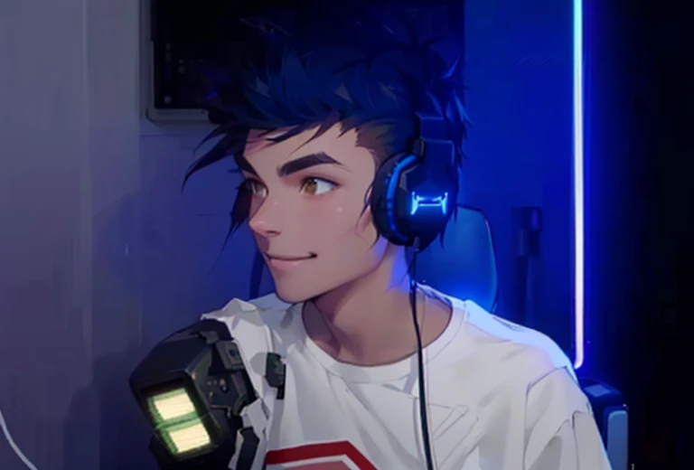 Streamer sitting on a gaming chair, facing forward. The streamer is wearing a headset on his head. Her hair is brown. your flat head. short-hair . Grinning. Your brown eyes. There is a scratch on the left eyebrow. In the background there is a gaming computer with RGB LEDs.