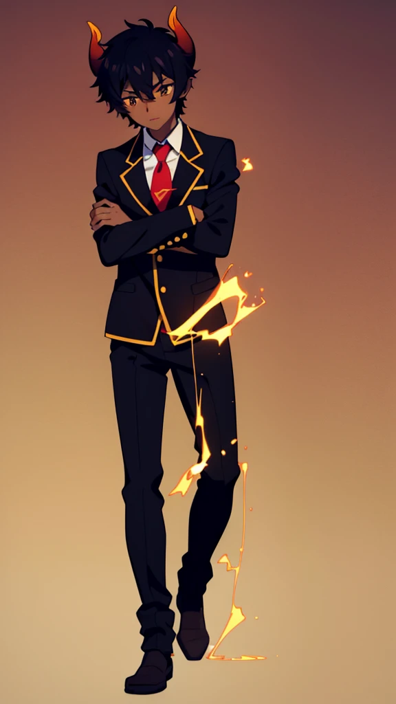(1boy,18 years old,teen,solo),((dark skin)),short hair,hair between eyes,black hair,elf ears,(horns),orange eyes,(no background, simple background),red necktie,black jacket, blazer,long sleeves,pants,full body,walking,crossed arms