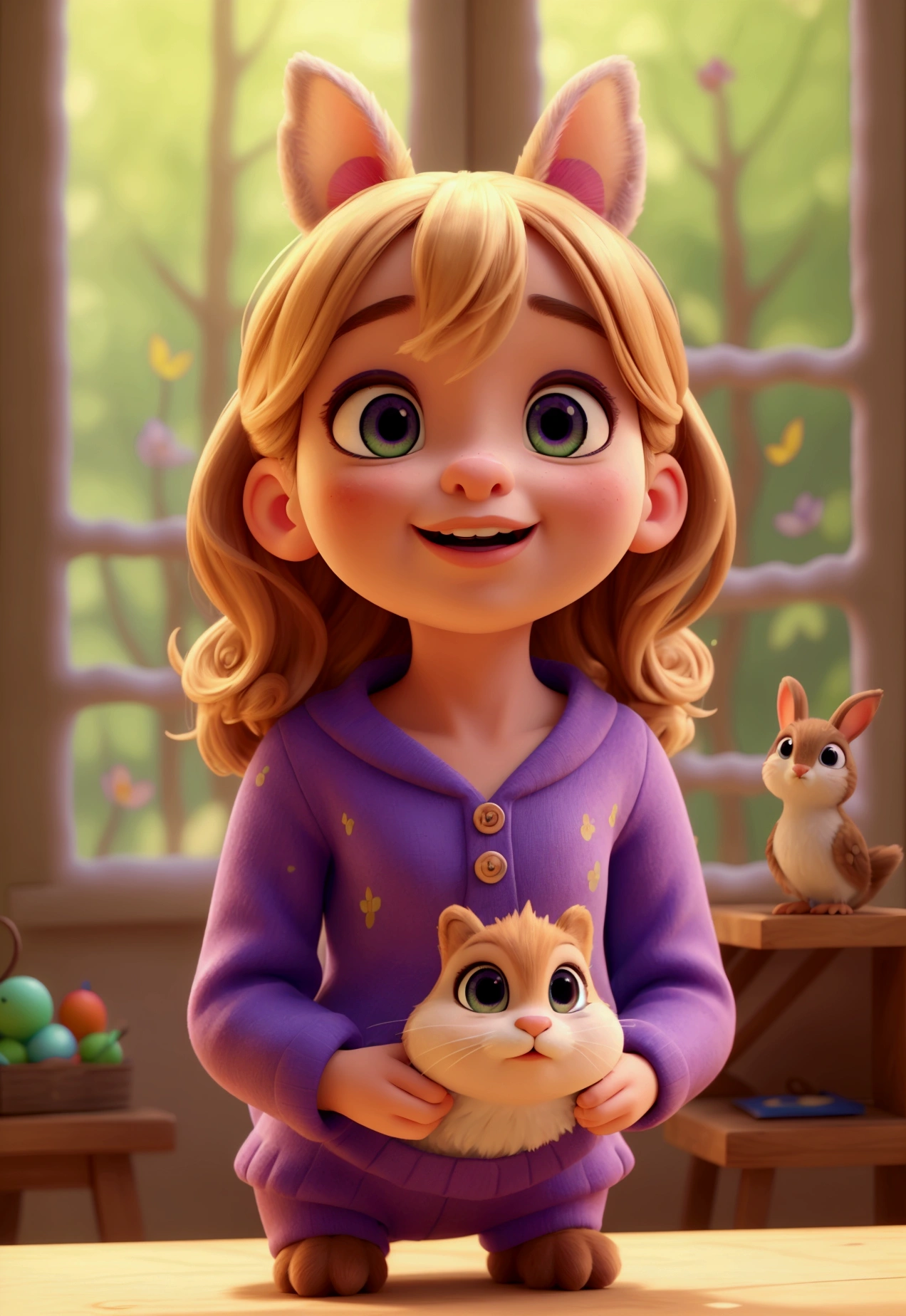Lila woke up excited in a sunny morning forest, preparing to throw a party for her talking animal friends, Pompom the clever rabbit and Lili the brave little bird, beautiful detailed eyes, beautiful detailed lips, extremely detailed eyes and face, long eyelashes, full of joy and excitement, colorful party decorations, whimsical magical atmosphere, (best quality,4k,8k,highres,masterpiece:1.2),ultra-detailed,(realistic,photorealistic,photo-realistic:1.37),fantasy,vibrant colors,warm lighting,cinematic,highly detailed