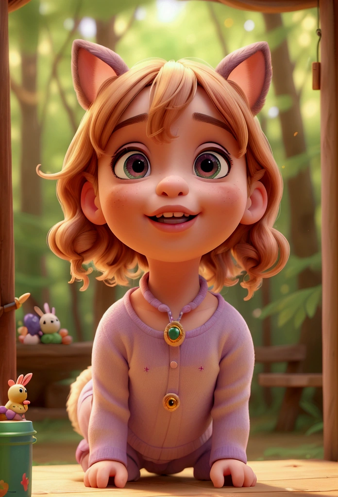 Lila woke up excited in a sunny morning forest, preparing to throw a party for her talking animal friends, Pompom the clever rabbit and Lili the brave little bird, beautiful detailed eyes, beautiful detailed lips, extremely detailed eyes and face, long eyelashes, full of joy and excitement, colorful party decorations, whimsical magical atmosphere, (best quality,4k,8k,highres,masterpiece:1.2),ultra-detailed,(realistic,photorealistic,photo-realistic:1.37),fantasy,vibrant colors,warm lighting,cinematic,highly detailed