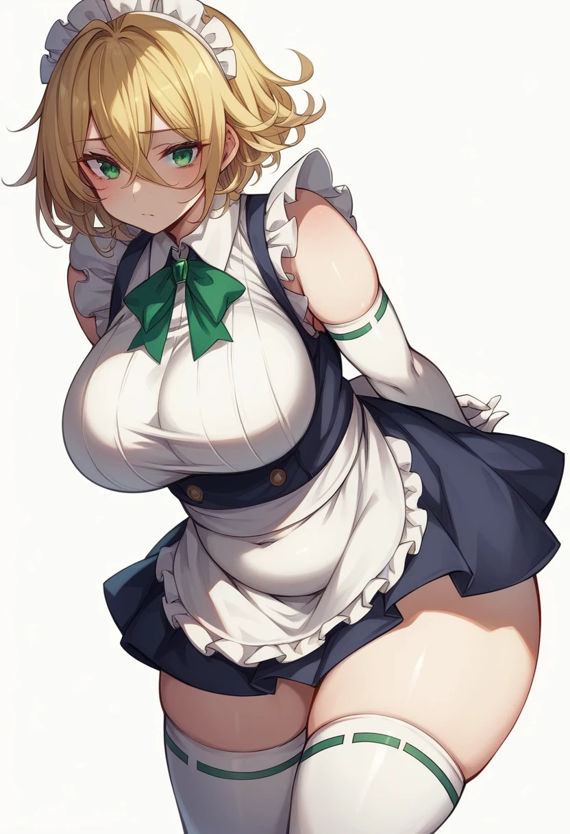 (One girl)、arm behind back、bob cut、ped hair、((Blonde))、（Sato Air）、Sakuya Izayoi、slan eyes、(Big super breaChubby))、beautiful girl、[Big thighs]、green eye、(Maid clotheini skirt)、No sleeve、White sleeveless、((hairs between eyes))、((thigh-high socks thighhighs))、(long gloves)、say、White Background、

