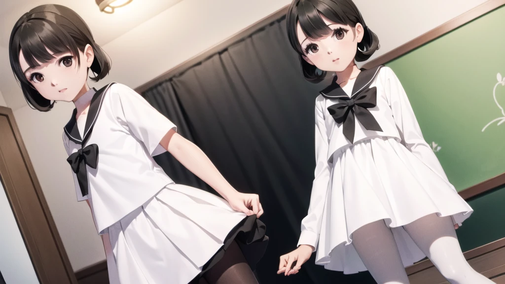 1people々 girl, clear, cute, (View your audience:1.0), detaileds sky, ((masterpiece:1.4, Highest quality)), multiple detaileds, eye shadow, SFW, (Medium Shot:1.5), Gradient Eye,
roller:addition_detailed:0.8>, (Black Pantyhose:1.2), straight,
1people々 girl, have, Sailor, Branch Eyes, short hair, Black Hair, Sailor collar, White shirt, Translucent white long skirt, Below the knee skirt, Murasa Minamitsu, hishaku、smile、Looking from directly below、Crotch close-up