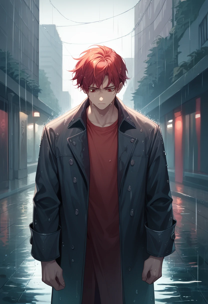 score_9, score_8_up, score_7_up, score_6_up, score_5_up, score_4_up, masterpiece, highres, best quality, 1boy, red hair, standing, rain, water, melancholic, city, reflects, detailed, vibrant colors, looking down, sadness, sorrow, water droplets, dishelved, red eyes, emphasizing facial expression, serious expression, handsome, long coat, red long coat