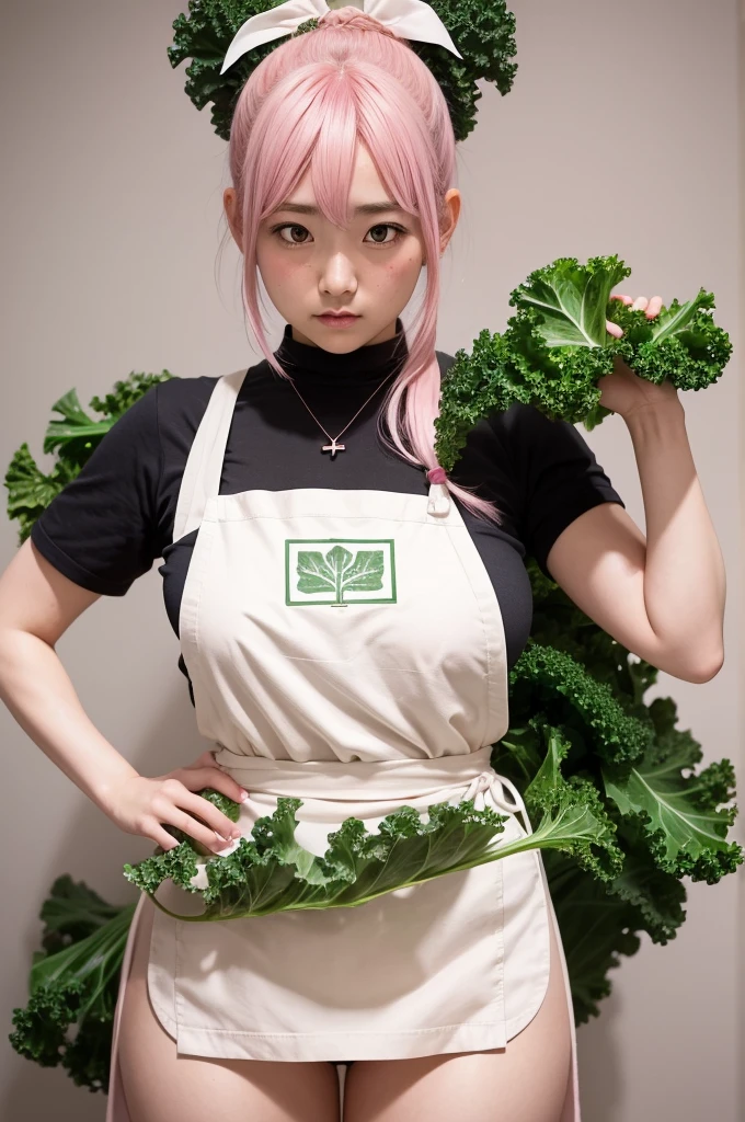 1 girl, standing alone, nakano nino, pink hair, butterfly hair ornament, (Kale:1.3), (white apron), breasts big, neckleace, thicc thighs, coffee background, (blushful:1.3)