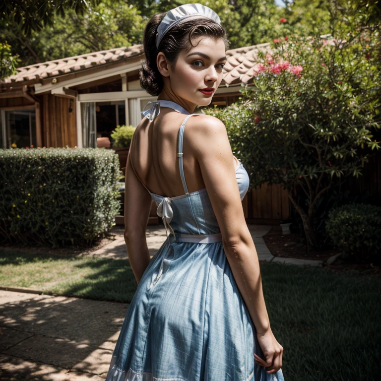 Retro Cam. margaret qualley, aircraft hangar, pilot dress, pin-up, vintage, 22 years old, perfect body, 40's, perspective, half body detail, sharp focus, light mix, detail, 50's, (high skin detail: 1,2), 8k hd, Wallpaper, DSLR, Luz outfit, high quality, Fujifilm XT3 Grainy Films.