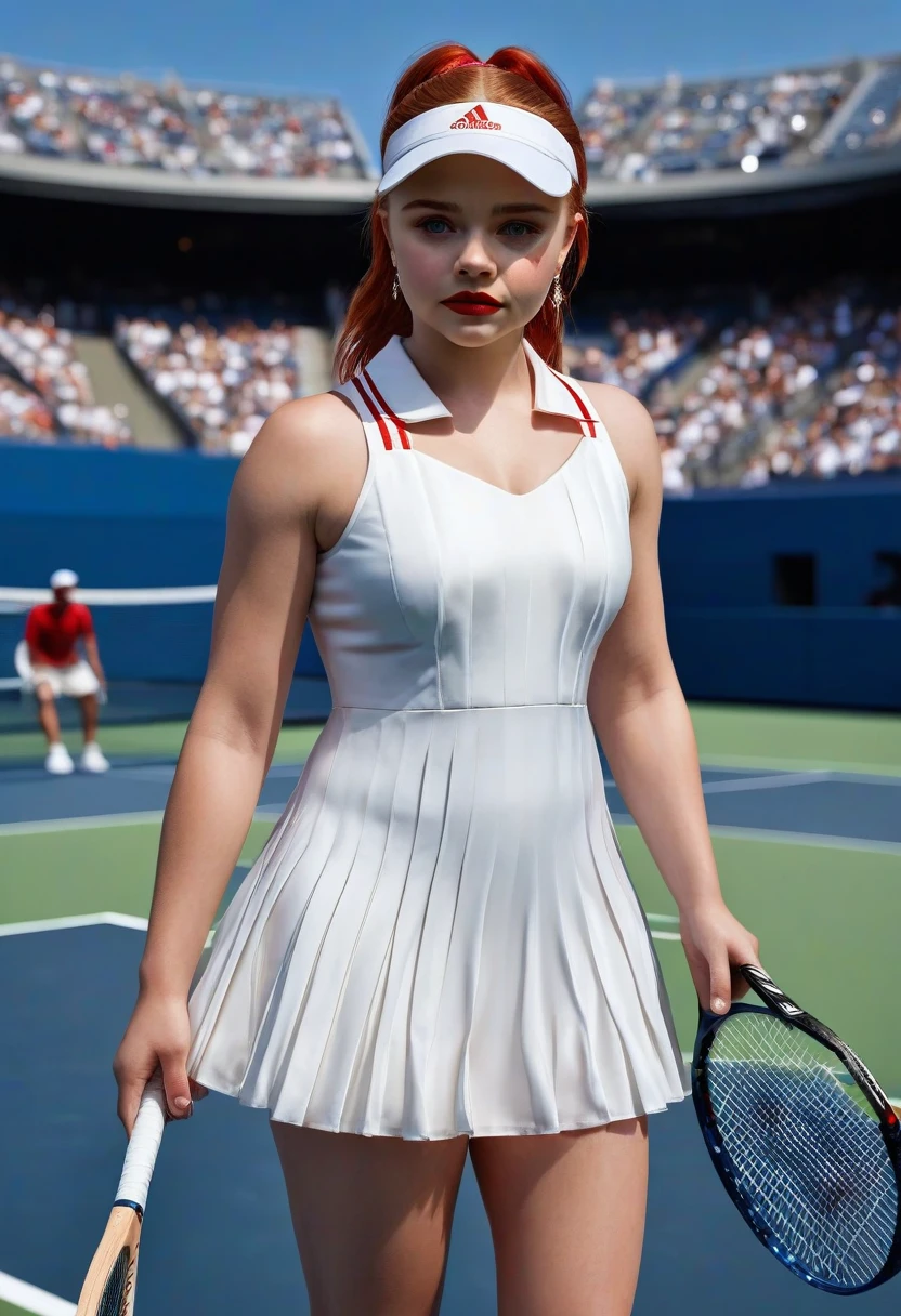 1girl, Chloe Moretz, full body pose, beautiful detailed eyes, beautiful detailed lips, extremely detailed eyes and face, long eyelashes, white pleated silk tennis minidress by Adidas, sheer shiny shimmering silky tan pantyhose by L'eggs, 5 inch black high heeled stilettos by Louis Vuitton, holding tennis racket, posing on tennis court at Arthur Ashe Stadium, New York City in background, red lipstick, dangling earrings, fiery red hair in ponytail, stylish visor, (best quality,4k,8k,highres,masterpiece:1.2),ultra-detailed,(realistic,photorealistic,photo-realistic:1.37),hyper detailed,photorealistic,stunning,professional,masterpiece,vibrant colors,natural lighting