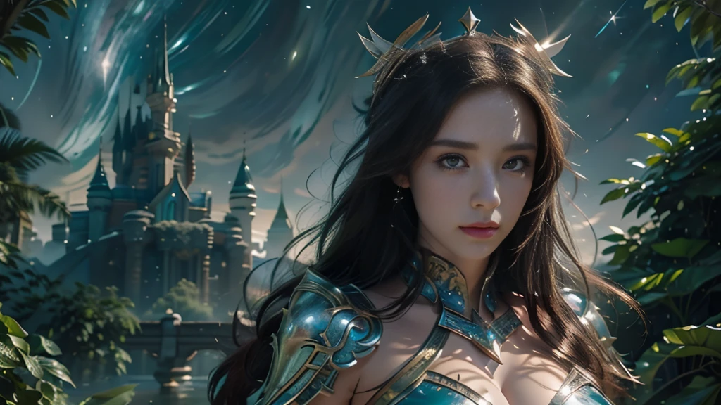 masterpiece, rest, best quality, Very detailed, Super real, 16K, high resolution, castle，jungle, ((Starry Sky)),Female Mage，Gorgeous armor，Complex Mode，Large Breasts，Pretty Face，Closed mouth，dramatic，Half-length photo，Glowing scepter