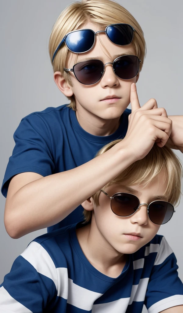 8 year old boy blond hair , blue shirt with white stripes , old man with sunglasses and blue shirt