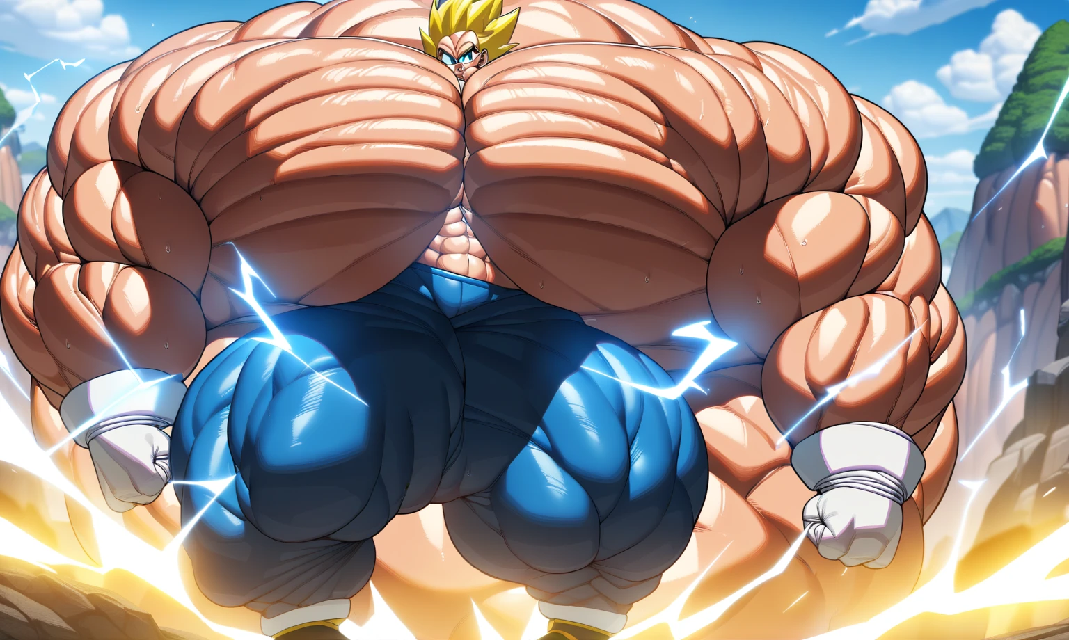 1boy, Vegeta, from Dragon Ball Z, masterpiece, best quality, very aesthetic, absurdres, saiyan, blue eyes, spiked hair, (yellow hair:1.5), standing up, good posture, shirtless, blue skintight pants, white gloves, (huge muscles:3.8), Dragon Ball Z artstyle, in the style of Akira Toriyama, white tiled floor, outdoor, flat-top mountains, Extreme Wide Shot, full pose, full body shot, (full body in frame:1), white boots with brown tips, nipples, electricity