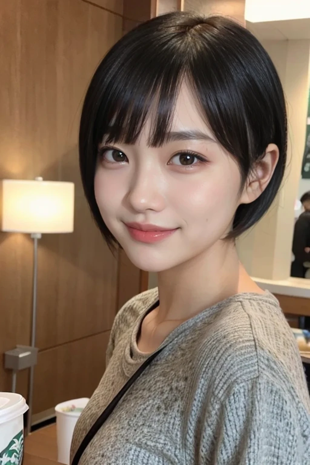 (Subdued lighting effect:1.3), 8k, RAW photo, best quality, masterpiece, realistic, photo-realistic, clear, beautiful face, no makeup, best quality, ultra high res, BREAK, Japanese cute girl, 14 years old, (short cut hair:1.2), smile, BREAK, standing, BREAK, (starbucks:1.3), (black eyes, black hair:1.2)
