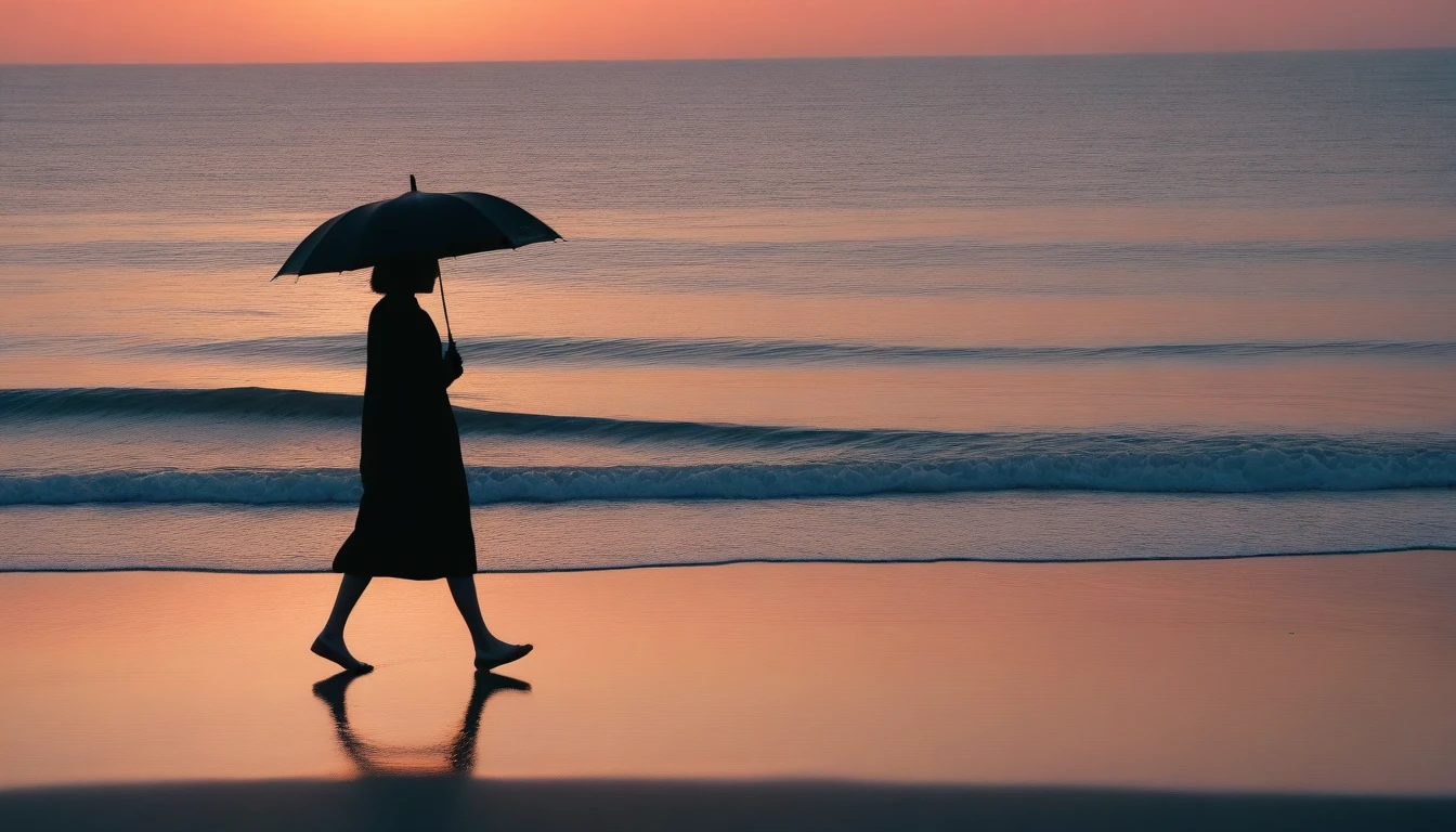 8K, Vivid picture quality, desolate long beach, A short-haired woman walking from afar, red light of sunset, alone, afternoon, depressed, tide가 밀려온다, ocean, tide, black umbrella , wind, short korean woman, 잔잔한 tide