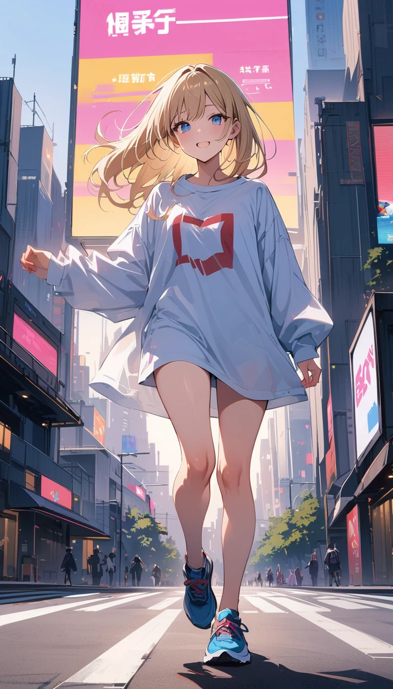 (masterpiece, best quality:1.2), very beautiful girl, blond hair, alone, downtown Tokyo, in front of the electronic display board, happy expression, blue eyes, Accurate face, Big shirt and short skirt, running shoes,