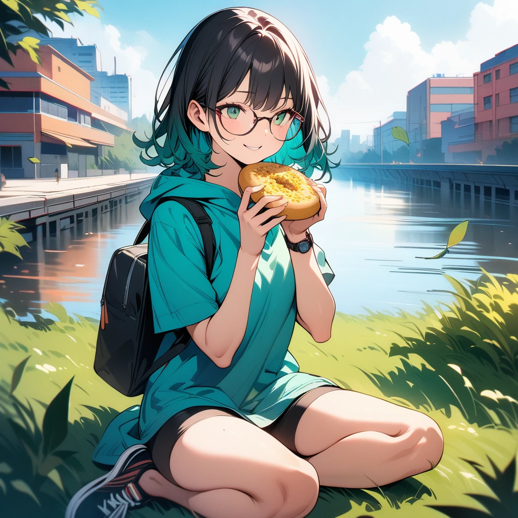 (masterpiece),(best quality),very aesthetic,(ultra-detailed),(super-fine illustration),vibrant colors,high saturation,nsfw,1girl,25yo,slender,tall,medium hair,black hair,natural wave hair,flipped hair,dark green eyes,comfortable,smirk,glasses,(straw hat with leaf color ribbon),glasses,carrying a aqua blue rucksack, (thigh-high parka dress with gradient earth color,black bike shorts),short sleeves,Sneaker Shoes,wristwatch,river terrace,sitting indian style,on grass field,eating fried-soba bread,summer,Industrial area in the distance,cowboy shot,looking away