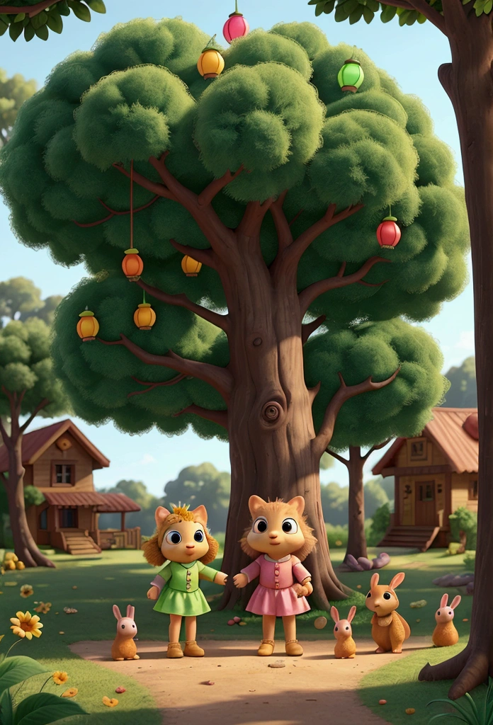 Lila woke up excited that sunny morning in the woods. She had a special plan for the day: to throw a party for her talking pet friends. Pompom, the clever rabbit, Lili, the brave ladybug, and Tico, the playful squirrel, were already waiting for her. Together, they began to prepare everything for the big party. Lila and Pompom hung colorful lanterns on the trees while Lili and Tico brought fresh fruit and cookies made with love.