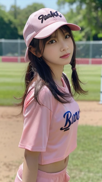 (8K、Highest quality、masterpiece:1.2)、Pink Wear、Very detailed、Ultra-high resolution、1 Girl、Beautifully detailed face、(Slim waist) :1.3)、beautifully detailed skin、Skin Texture、Floating Hair、((Wet with sweat))、Human whole body、ponytail、Baseball Club、((Hit the serve、Full Body Shot))、Serious expression、、Wear a hat