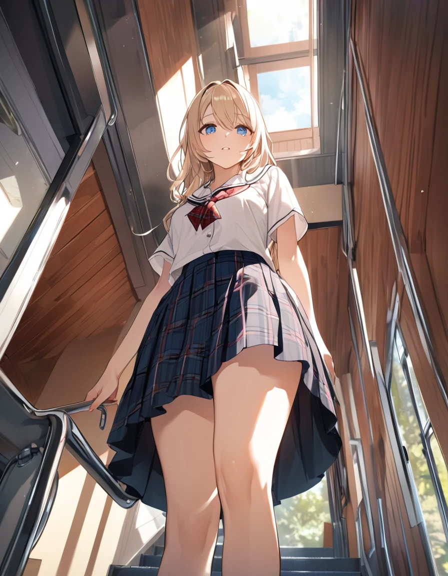 (Highest qualityのイラスト:1.2), (pretty girl:1.1), (1 girl、、Highest qualityのイラスト:1.2), (1 girl、slightly bigger eyes、blue eyes)、Blonde、Semi-long hair、Mature、Beautiful breasts、(Highest quality、Very detailed、Ultra-high resolution) 、High School Uniform｛White Sailor Suit、Short sleeve、Pleated skirt with red plaid pattern), from below, School stairs
