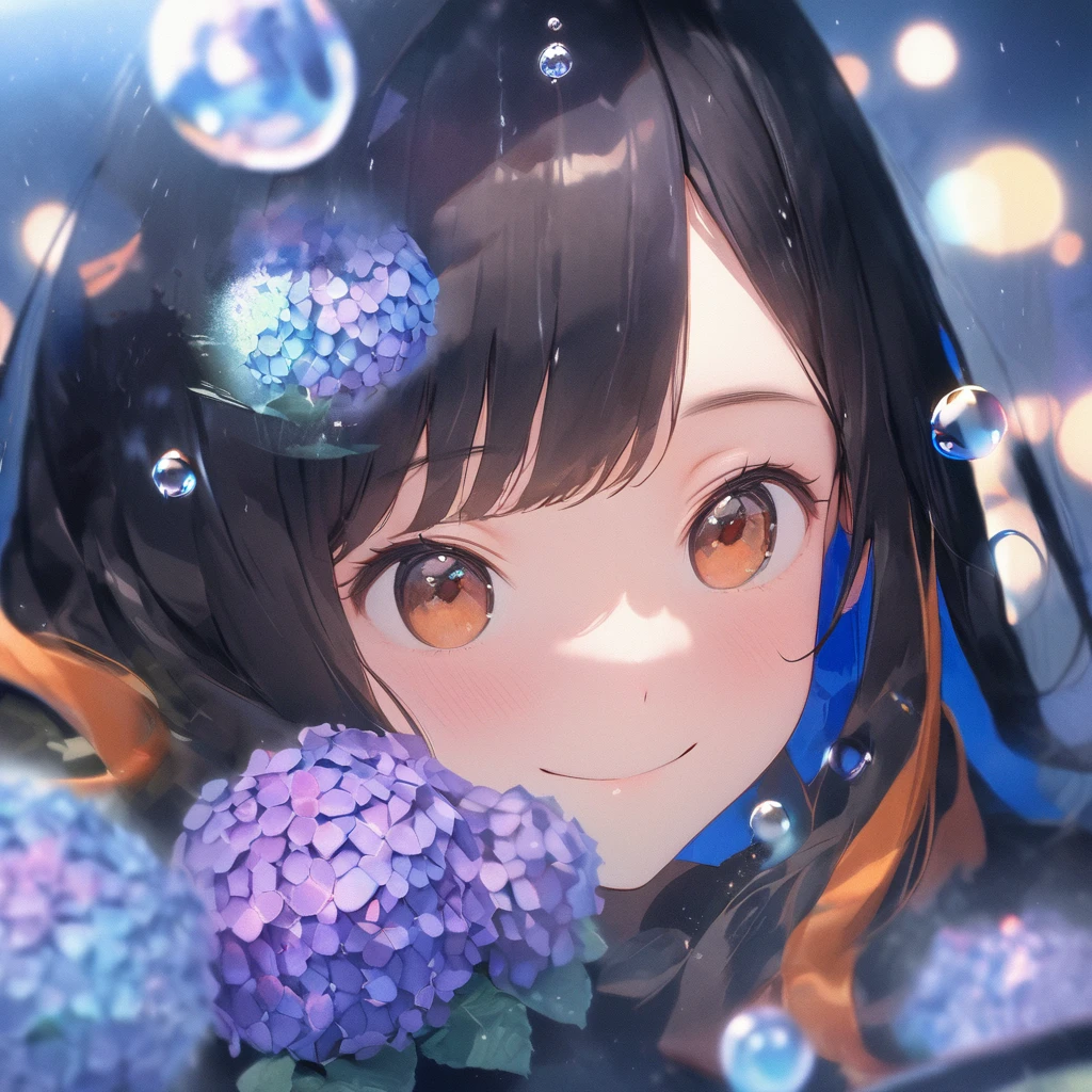 (masterpiece, photo_real, octane-render):1.4, (blue_theme, background rain scene, Tokyo_station),  ice_photography, double exposure prism), ((sharp sketch,watercolor painting,aesthetic art, pale tone):1.2, portrait of a girl's ennui face, SIGMA 24 mm F/1.4 ice camera photography, double exposure prism, Strobe ripple effect blur, BREAK, 1 girl, right front leg Cat_punch:1.21, (detailed brown eyes, jet-black hair,colored inner orange ombre hair multicolored hair, curly):1.21, pompous pose:1.33, (ennui, smile, emphasis of facial expressions), in rain coat, 1girl, looking up, put the hands up, black_hair, closed_eyes, serene_smile, long_hair, (hydrangea silhouette in bubbles), bokeh, kaleidoscope, bubbles, rain, shadow, serene, peaceful, lyrics, song, theme: dreams, theme: illusions, (desaturated colors:1.2),
in the style of watercolor painting with simple lines, flat colors, hold Fluorite Bubbles, minimalist, 
The image features a single black-haired girl. She has long hair and is closing her eyes with a serene smile. Surrounding her are dreamlike elements like hydrangeas, bokeh lights resembling bubbles, kaleidoscope patterns bubbles, rain, and shadows. The overall atmosphere is peaceful and serene with slightly desaturated colors, reflecting the song's message of finding peace by ignoring others' judgments and living at your own pace. subjective_perspective, light-shadow_symmetry, ethereal_lighting, shadows, ray_tracing, (bokeh, round_bokeh, back_lighting):1.21, 