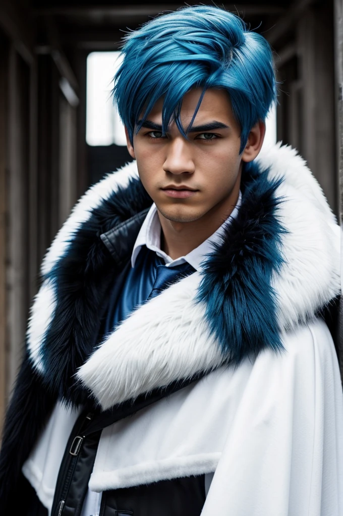 Boy with blue hair strong serious character, black eyes, white fur with cape