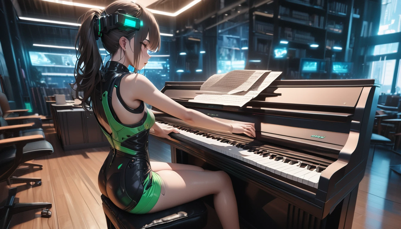 (best quality, masterpiece, ultra detailed, ultra high res, photorealistic, raw photo, absolutely resolution), Cyberpunk, 20 year old woman, playing the piano in the library, neon, green and silver