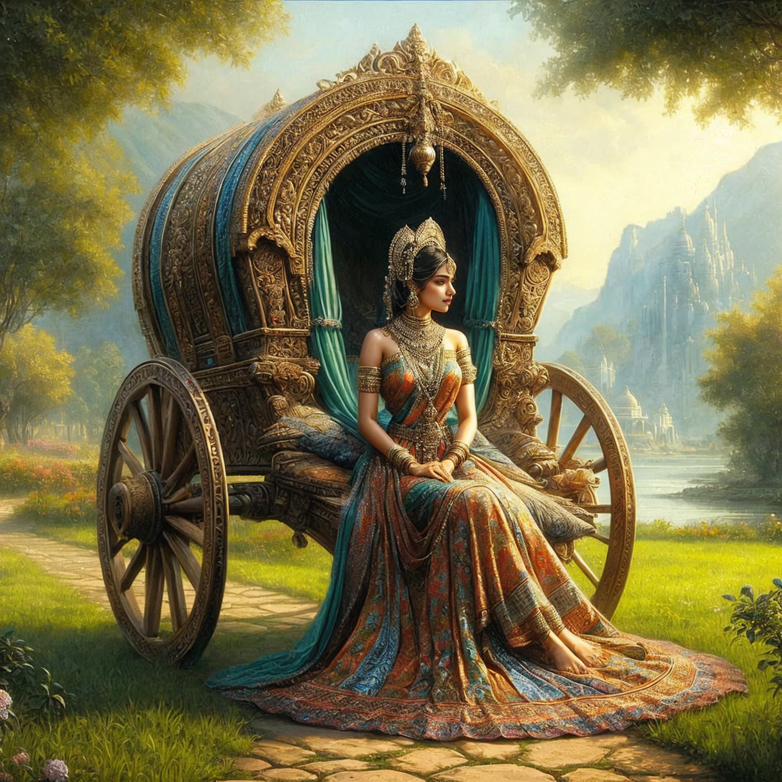 Indian woman sitting on cart in field with horse, Beautiful Fantasy Empress, beautiful goddess, Stunning portrait of a goddess, Indian goddess, beautiful fantasy girl, beautiful fantasy art, very beautiful fantasy art, beautiful young woman, Beautiful digital artwork, Indian Art, Beautiful and gorgeous digital art, beautiful character drawings, portrait of a beautiful goddess, Amazing 8k artwork