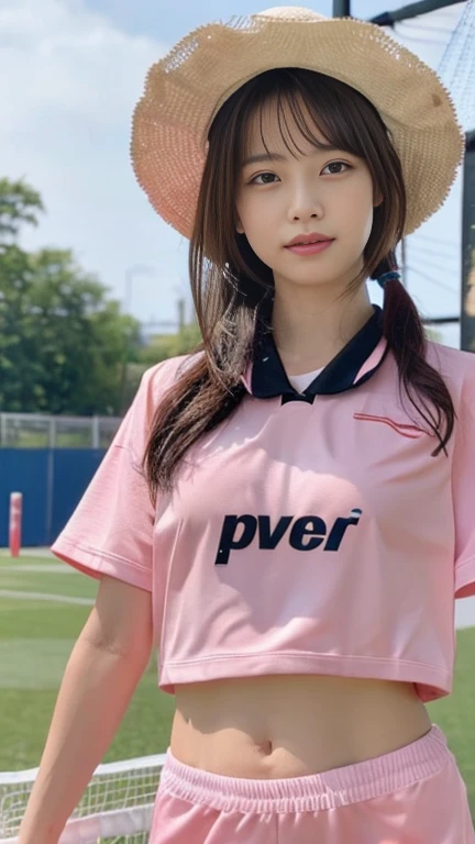 (8K、Highest quality、masterpiece:1.2)、Pink Wear、Very detailed、Ultra-high resolution、1 Girl、Beautifully detailed face、(Slim waist) :1.3)、beautifully detailed skin、Skin Texture、Floating Hair、((Wet with sweat))、Human whole body、ponytail、Football Clubs、((Hit the serve、Full Body Shot))、Serious expression、15 years old、Wear a hat