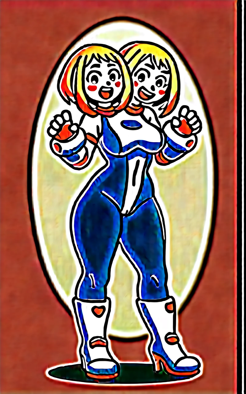 1girl, two heads, conjoined, solo, Uraraka Ochako, thick_eyebrows blush_stickers, brown_hair, brown_eyes, short_hair, sideburns, shiny hair, medium breasts, skindentation +++ :D +++ OchaCos, bodysuit, fingertip paw pad, white high-heels boots, arms wear, black tights, headgear Spirit Realm, score_9, score_8_up, source_anime