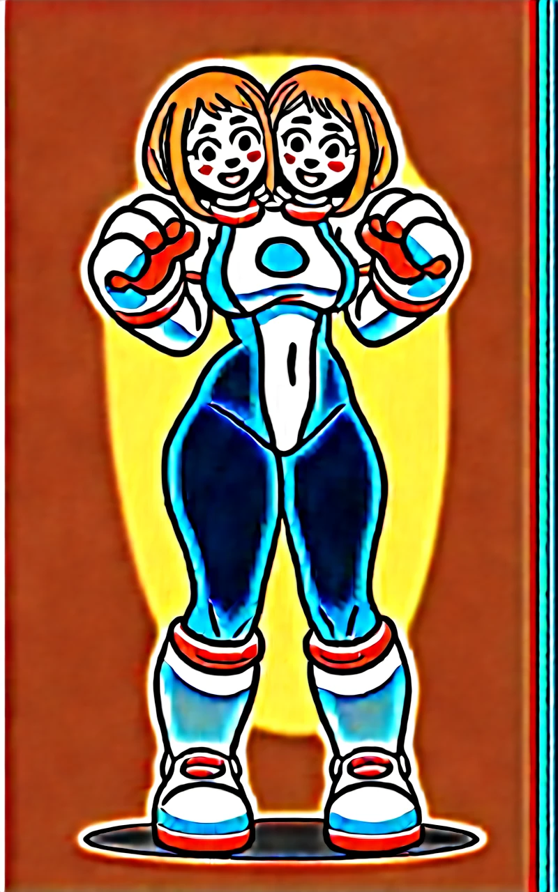 1girl, two heads, conjoined, solo, Uraraka Ochako, thick_eyebrows blush_stickers, brown_hair, brown_eyes, short_hair, sideburns, shiny hair, medium breasts, skindentation +++ :D +++ OchaCos, bodysuit, fingertip paw pad, white high-heels boots, arms wear, black tights, headgear Spirit Realm, score_9, score_8_up, source_anime