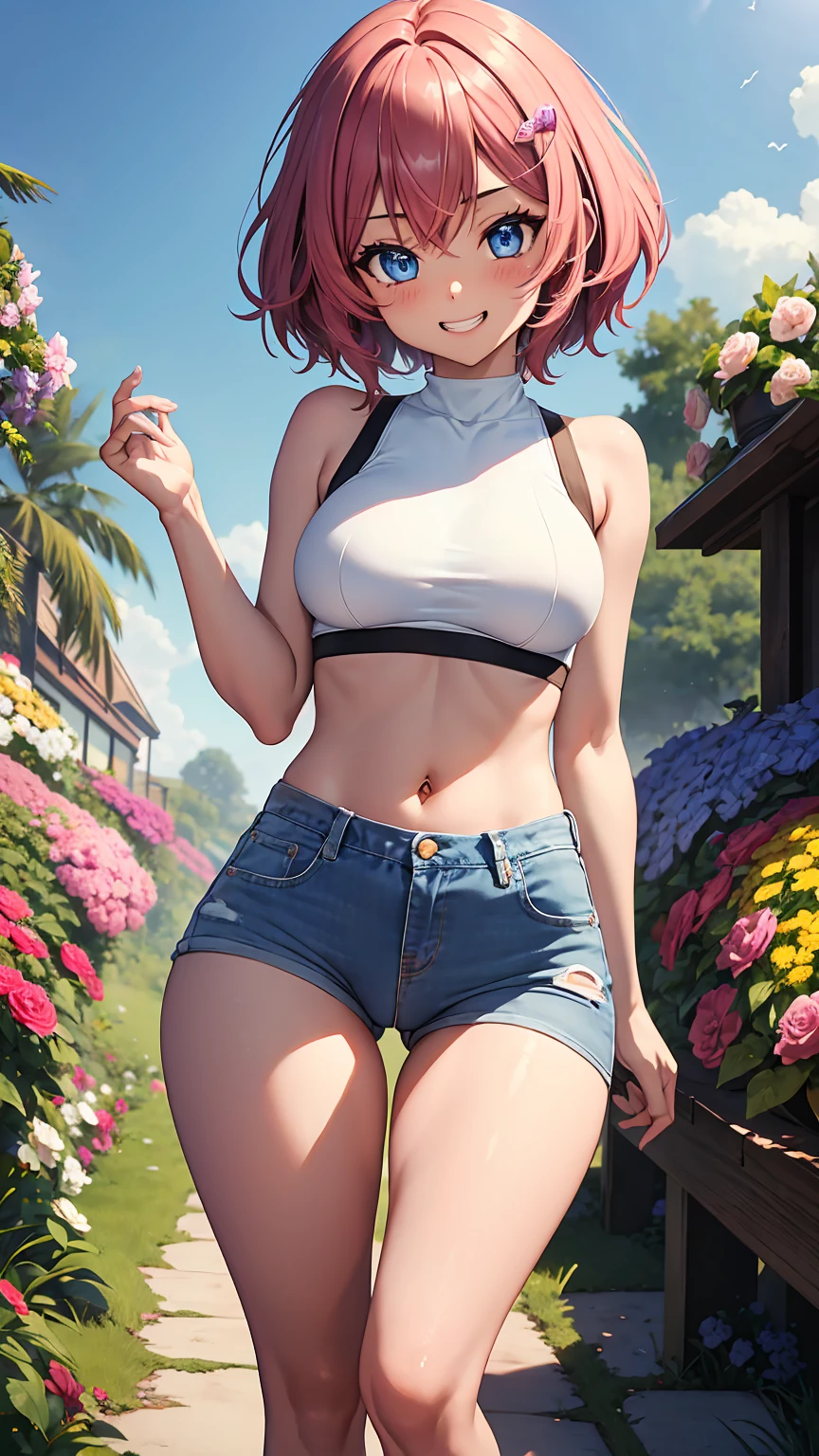 1girl, anime girl, anime, (dark skin), 2d girl, y, (fullbody), standing, anime girl, blue eyes, grin, (short hair, pink hair, hair clip), casual shirt, Solo, Slim, medium Breasts, sfw, Tight Shorts, low waist shorts, upshorts, the garden background, flowers, afternoon sky, looking at viewer, darker shadows, (((explicit))), (((shorts))), (((absurdres))), (((thigh gap))), cameltoe, (((cameltoe))), (((cleft of venus))), (((sleeveless))),