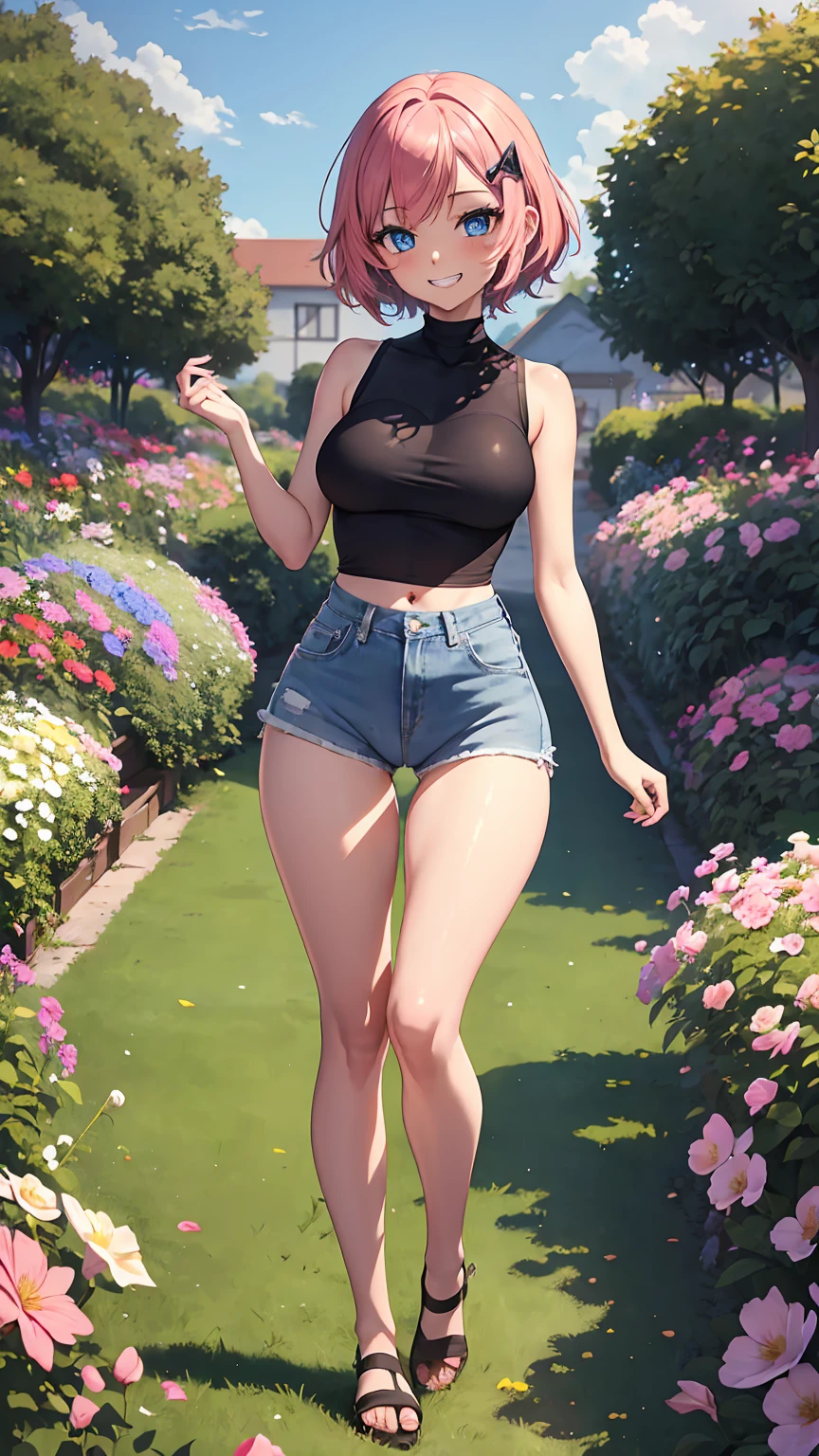 1girl, anime girl, anime, (dark skin), 2d girl, 16y, (fullbody), standing, anime girl, blue eyes, grin, (short hair, pink hair, hair clip), casual shirt, Solo, Slim, medium Breasts, sfw, Tight Shorts, low waist shorts, upshorts, the garden background, flowers, afternoon sky, looking at viewer, darker shadows, (((explicit))), (((shorts))), (((absurdres))), (((thigh gap))), cameltoe, (((cameltoe))), (((cleft of venus))), (((sleeveless))),