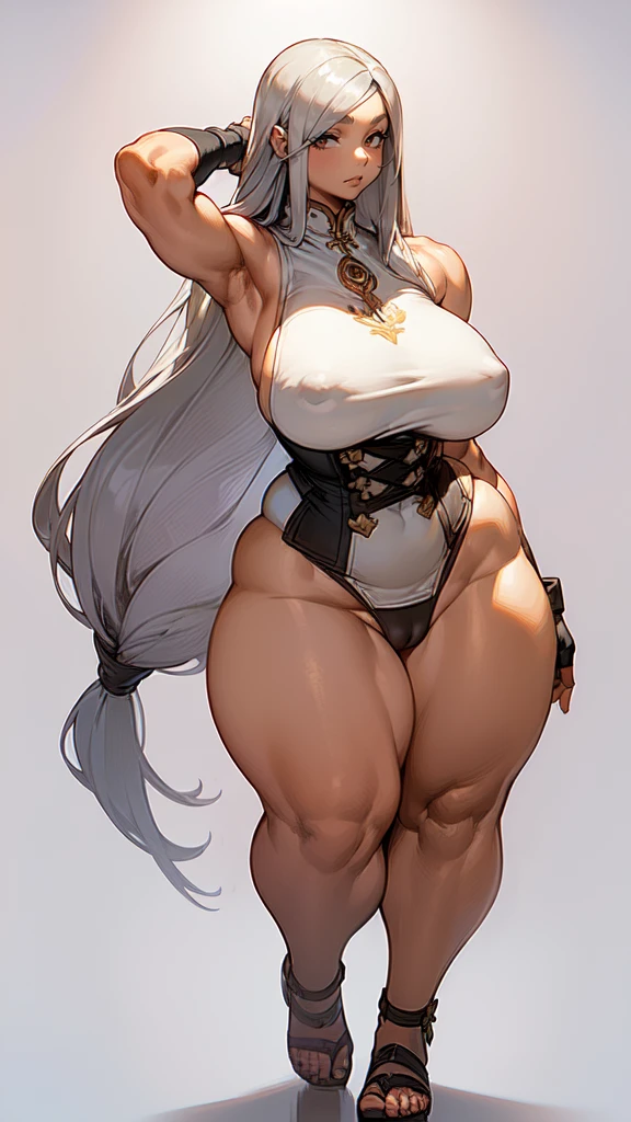 (masterpiece), best quality, female warrior, huge girl, female muscular:1.2, ((long hair:1.6)), (silver hair), big breast, (curvy:1.7), (((blank background))), ((full body)), fingerless gloves, sandals, sleeveless, covered nipples, detailed dress, ((straight hair:1.5)), (very thin hair:1.5), ((camel toe)), corset, bare legs , ((showing armpits))