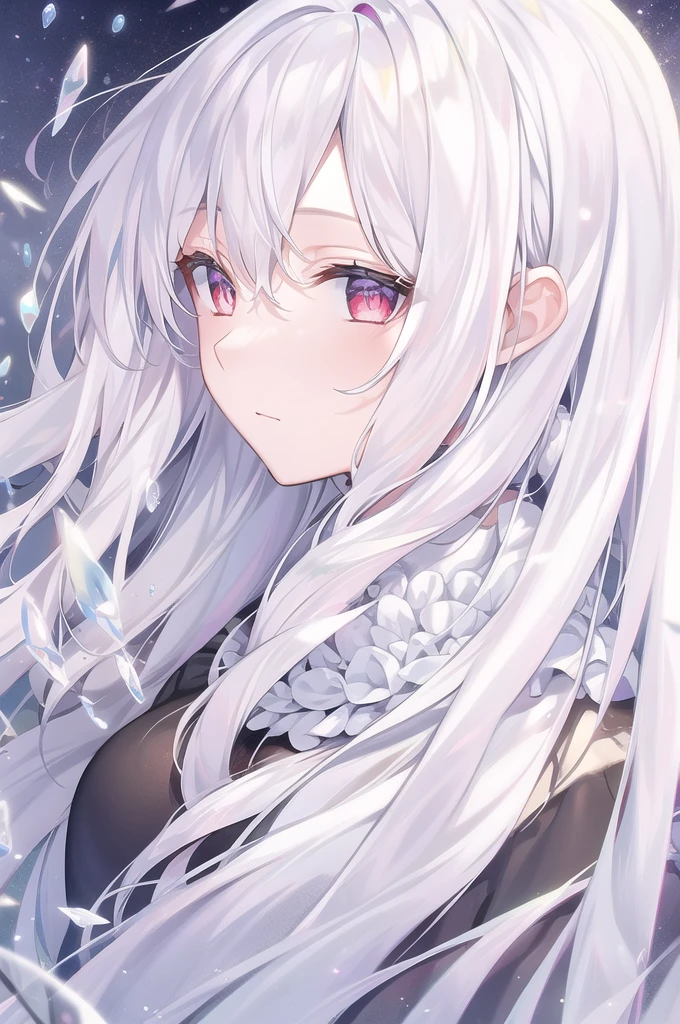 ((masterpiece, best quality))++, Detailed lighting+, Detailed hair+, Detail hand+ ,1 girl, Miss, Long hair, Crimson eyes, beautiful eyes, young white hair,,(Beautiful white hair:1.5),(Beautiful and delicate eyes), high resolution+,glass tint, Reflective eyes, {{angle}} , Very detailed wallpaper, The original, Air bangs,Extremely beautiful CG,black worksuit,Firefly,Galaxy,Shattered like a mirror