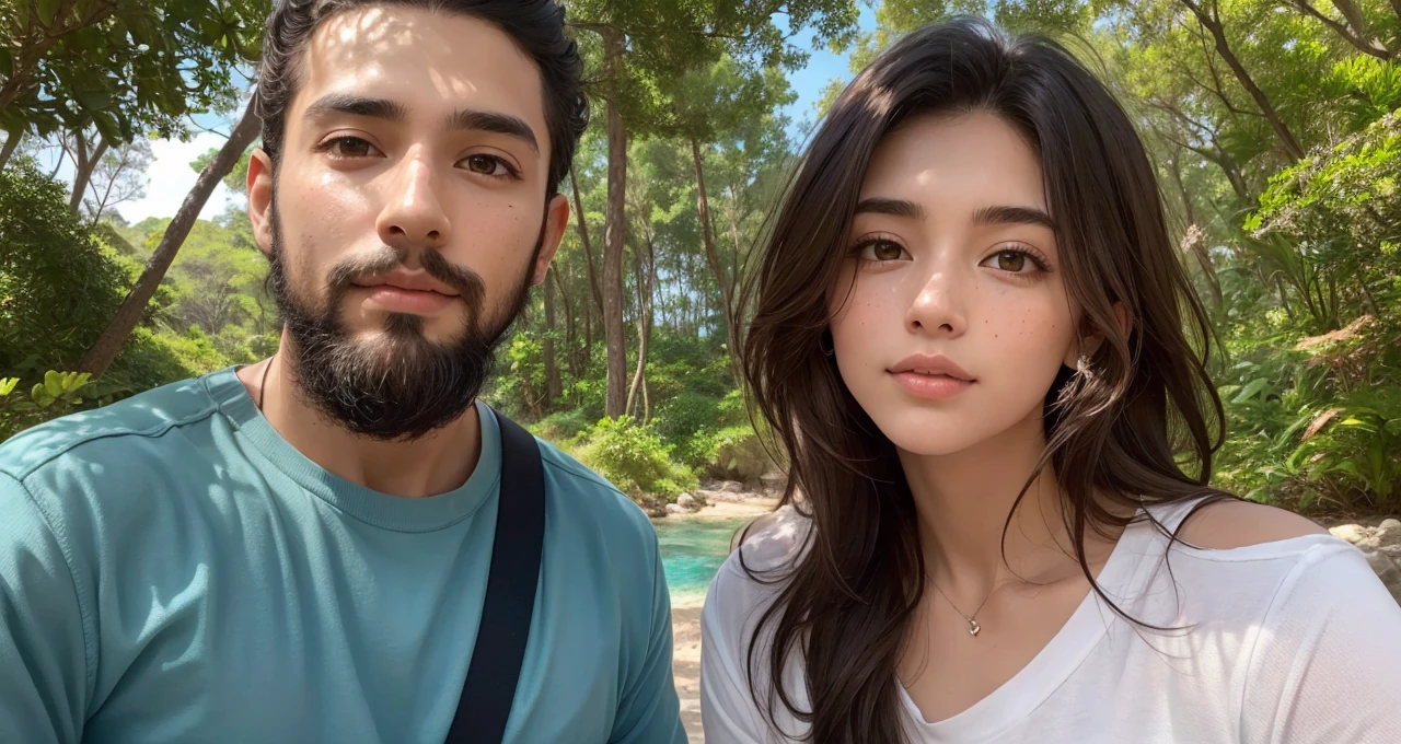 Vibrant forest scene, colorful trees in varied hues, deep blue sea backdrop, a loving couple in their twenties, young woman with sandy brown hair, bluish-gray eyes, short stature, delicate freckles, young man with short dark black hair, long black fish beard, Middle Eastern features, wheat complexion, dark brown eyes, athletic build, romantic expressions, lush greenery, rich blue sea, detailed natural setting, warm and inviting ambiance, genuine emotions, digital painting, high resolution, bright and vibrant color palette, soft natural lighting.