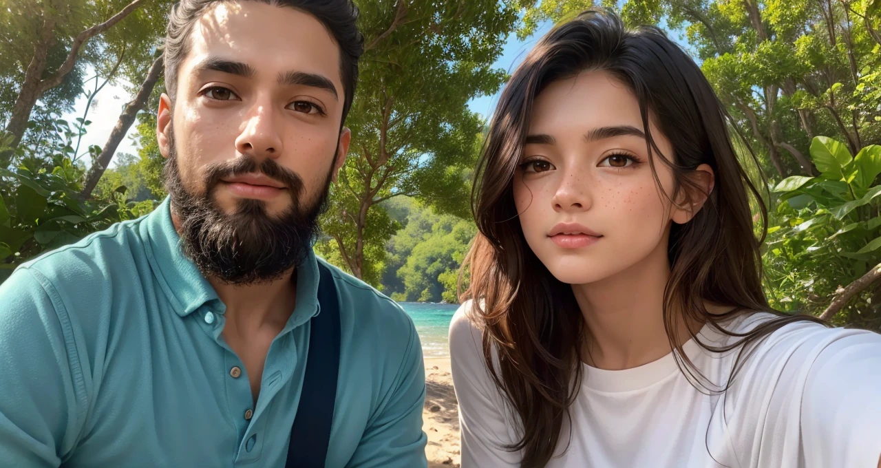 Vibrant forest scene, colorful trees in varied hues, deep blue sea backdrop, a loving couple in their twenties, young woman with sandy brown hair, bluish-gray eyes, short stature, delicate freckles, young man with short dark black hair, long black fish beard, Middle Eastern features, wheat complexion, dark brown eyes, athletic build, romantic expressions, lush greenery, rich blue sea, detailed natural setting, warm and inviting ambiance, genuine emotions, digital painting, high resolution, bright and vibrant color palette, soft natural lighting.