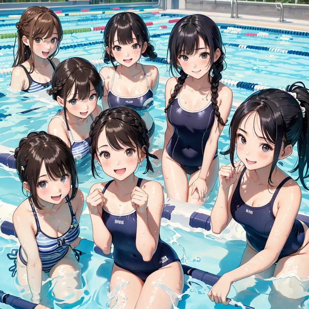 highest quality、High resolution、detailed background、masterpiece、cute10 year old beautiful girl、(5 women)、navy blue school swimsuit、brown hair、black hair、braided ponytail、Each has a cute braided hairstyle、(huge breasts:1.1)、realistic images、perfect body line、thick thighs、Show the whole body、detailed face、emphasize the chest、
(Five beautiful girls wearing school swimsuits are having fun playing around in the school pool.:1.5)、
playfully splashing water on each other、happy look、smiling、open your mouth and laugh、smile、sexual expression、Swimsuit that shines when wet、The whole body is wet、my hair is wet too、cute