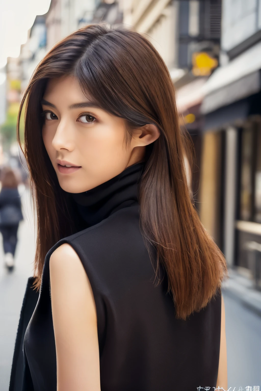 ((top-quality, in 8K, masterpiece:1.3)), Beautiful Japanese woman, perfect body:1.4, Slim abs:1.2, ((Straight hair:1.2)), (turtle neck:1.1), (a street:1.2), wetbody:1.5, Three-dimensional texture, detailed eyes, detailed body, Brown hair, very thin waist, posterior view, looking back to the viewers