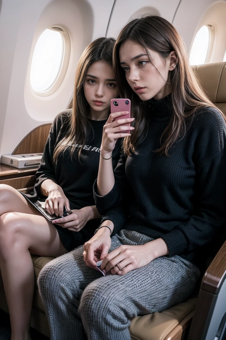 Machado de Assis, Assis 27 years old, is inside a luxury plane, next to a beautiful 25 year old girl, chestnut hair.  Machado is scared looking at the cell phone in his hands. They are sitting in comfortable armchairs.  image ultra realistic