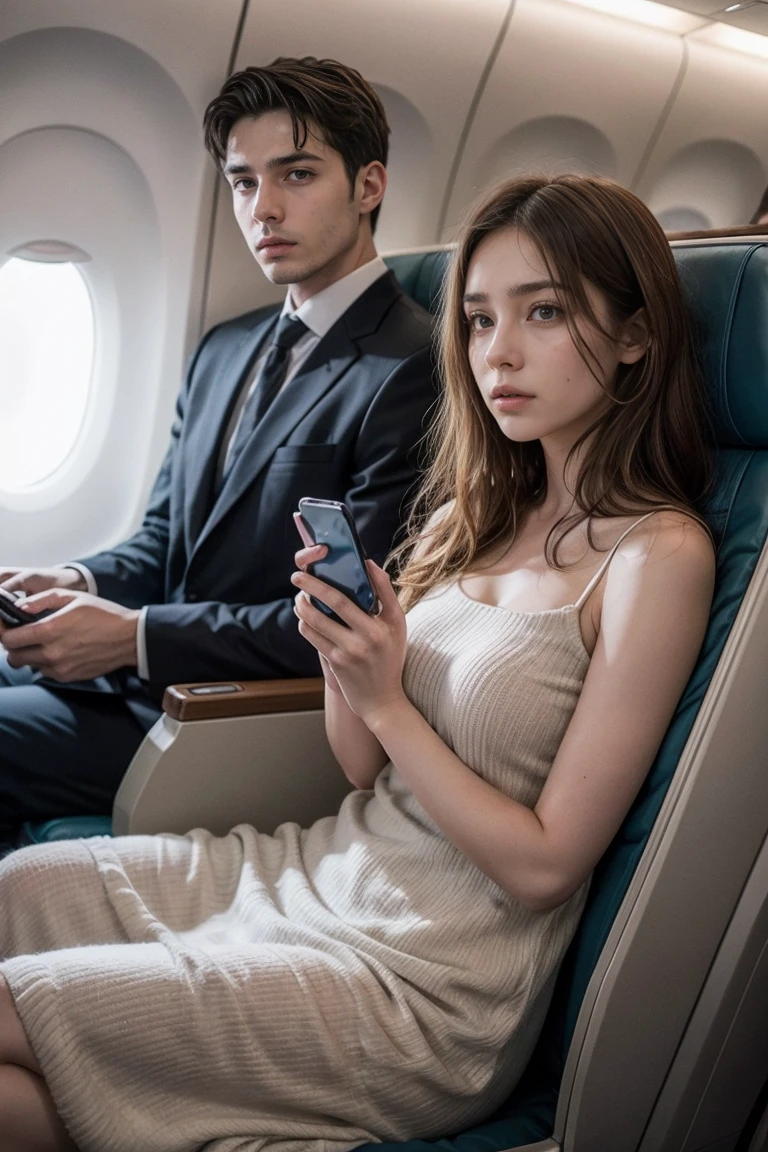 Machado de Assis, Assis 27 years old, is inside a luxury plane, next to a beautiful 25 year old girl, chestnut hair.  Machado is scared looking at the cell phone in his hands. They are sitting in comfortable armchairs.  image ultra realistic