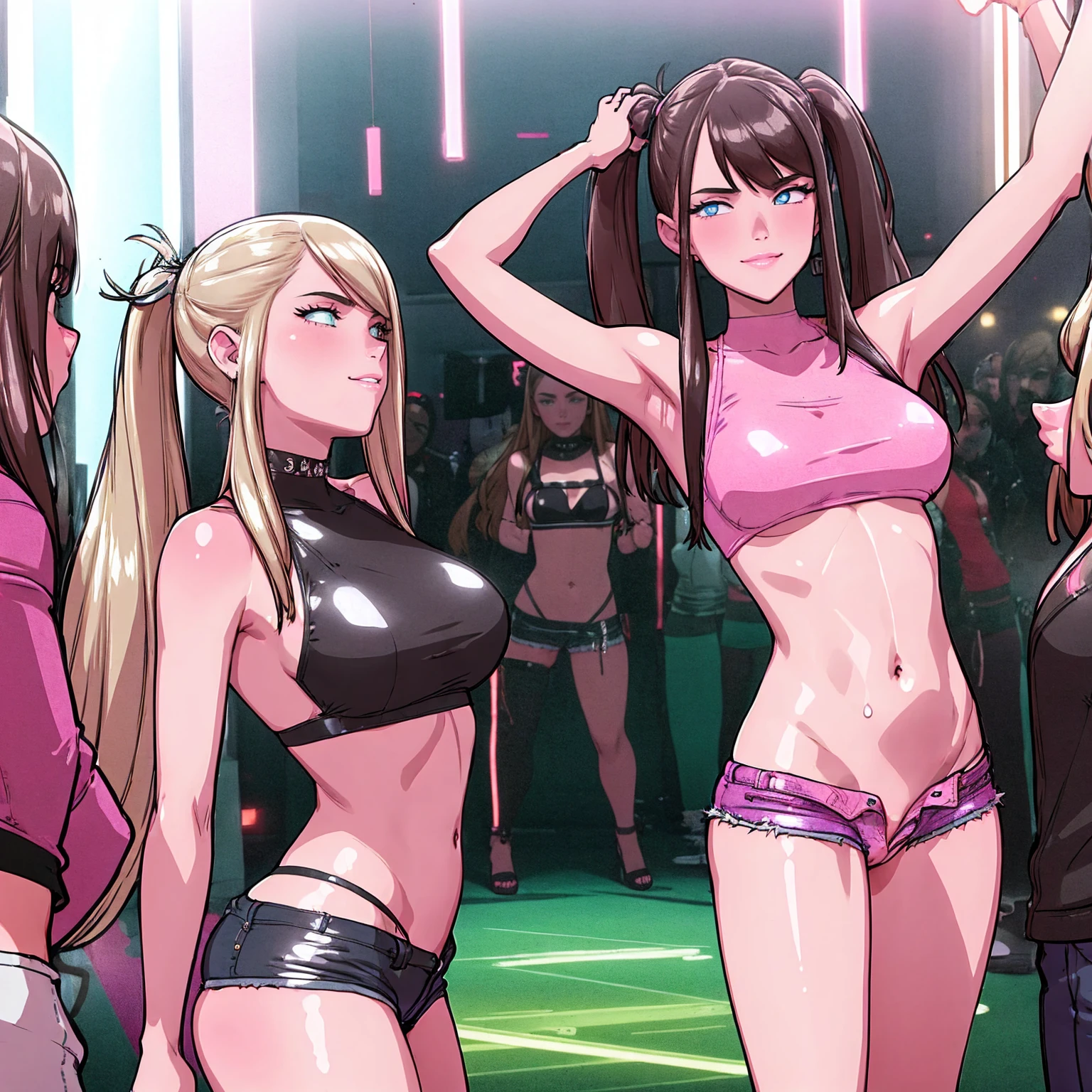 masterpiece, best quality, (3 girls:1.5), nice hips, slut, slutty bimbo clothes, medium breasts, smile, slut, young girl, bratty girl, wide hips, pink crop top, shorts, midriff, hip sway, slutty dancing, (nightclub), neon lights, many male, surrounded by men, multiple men, pussy peek, thong, (nightclub:1.5), neon lights, detailed eyes, pink and white outfits,