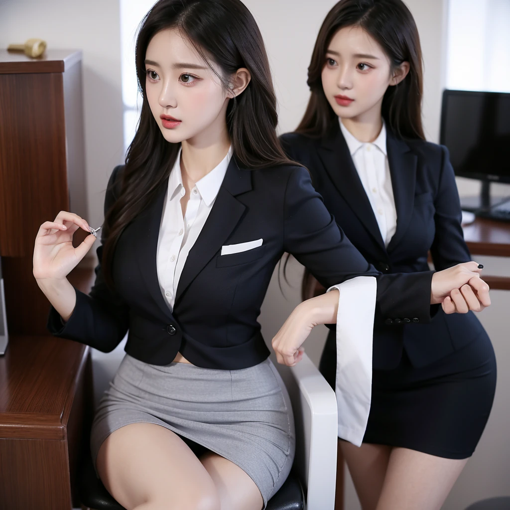 Beauty、BeautyOL、Detailed face、Realistic、beautiful girl、Beauty、Office Lady Uniform、beauty、Beautiful woman、Narrow waist、Handsome woman、Tight skirt look、suit、Sexy pose、Tight mini skirt