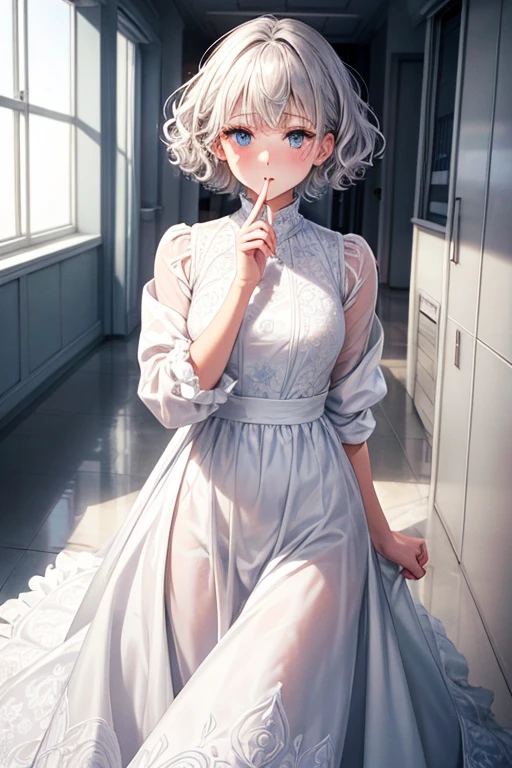 One Woman Man,Silver Hair,short hair,Curly Hair,Blue Eyes,White long dress_Floral,White long skirt_Floral,Wearing a white coat,Health Room,blush,Small ,,clear