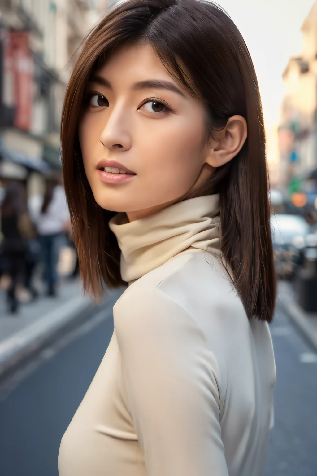 ((top-quality, in 8K, masterpiece:1.3)), Beautiful Japanese woman, perfect body:1.4, Slim abs:1.2, ((Straight hair:1.2)), (turtle neck:1.1), (a street:1.2), wetbody:1.5, Three-dimensional texture, detailed eyes, detailed body, Brown hair, very thin waist, posterior view, looking back to the viewers