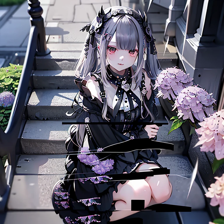 (masterpiece), highest quality, Ultra-high resolution,woman、Gothic Punk、Silver Hair、Black Hair、Laughing with your mouth open、(rain:1.3)、June、(hydrangea:1.3)