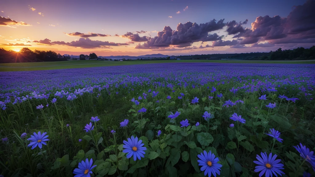 masterpiece , best quality ,sunset, field , blue flower , big flower,realistic,