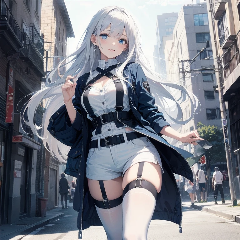 (Masterpiece, Best quality, ultra high resolution), (((1 girl))), Silver hair, Pale skin, Beautiful detailed face, Detailed eyes, posing on a white background, Dynamic lighting, dynamic shadowing, looking at viewer, White street punk fashion with blue details, (Posing for a photo), ((White clothes)), (((black thigh highs))), jean shorts, skirt, white sweater, ((Blue eyes)), happy, smiling, black straps, black strap design, ((Long white hair)), energetic, cheerful, cityscape background, (garter), blue tertiary color, blue highlights, purse, hand bag, ((chest harness fashion))