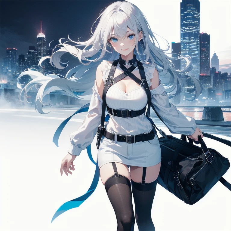 (Masterpiece, Best quality, ultra high resolution), 1 girl, Silver hair, Pale skin, Beautiful detailed face, Detailed eyes, posing on a white background, Dynamic lighting, dynamic shadowing, looking at viewer, White street punk fashion with blue details, (Posing for a photo), ((White clothes)), (((black thigh highs))), jean shorts, skirt, white sweater, ((Blue eyes)), happy, smiling, black straps, black strap design, ((Long white hair)), energetic, cheerful, cityscape background, (garter), blue tertiary color, blue highlights, purse, hand bag, ((chest harness fashion))