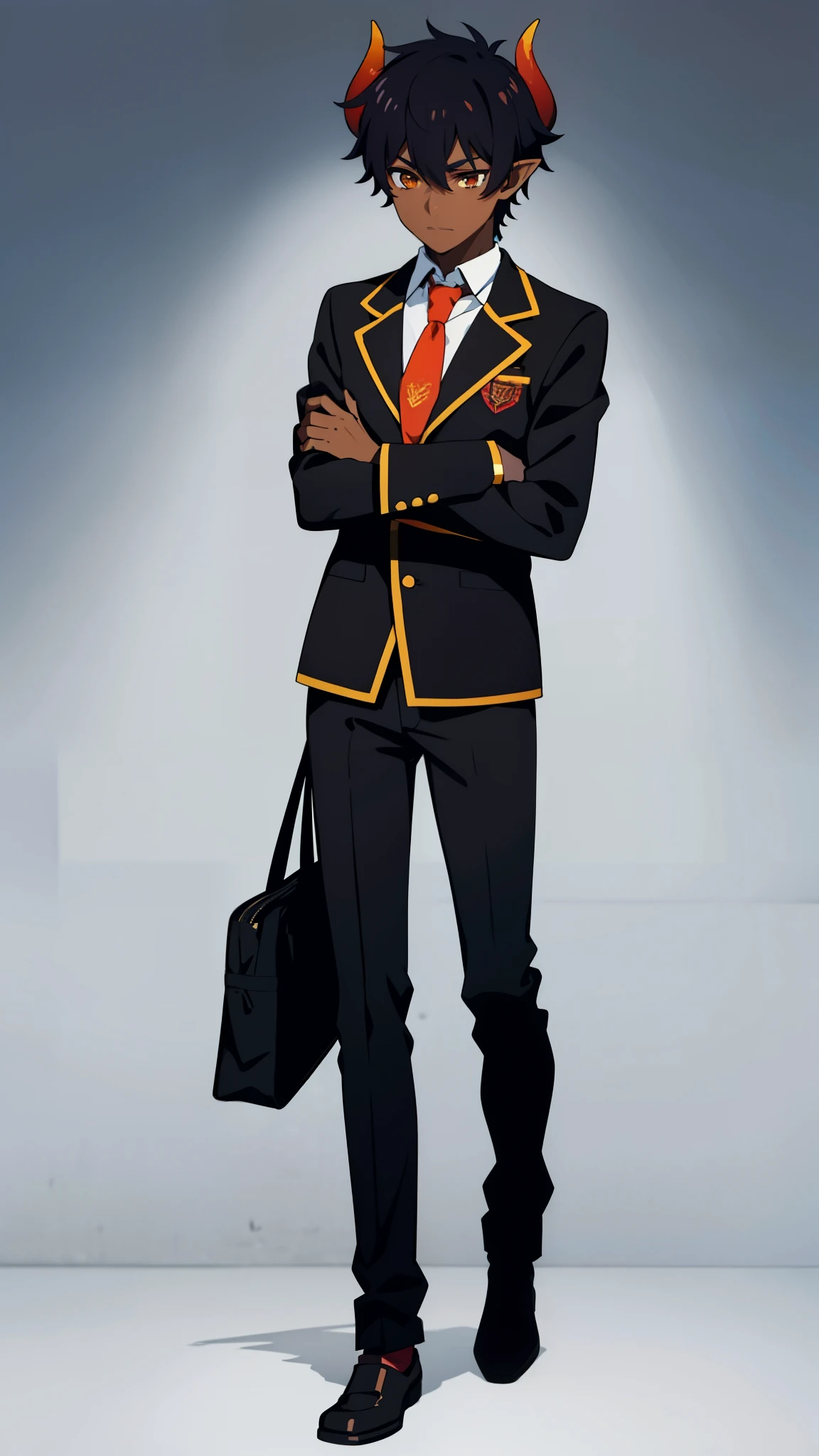 (1boy,18 years old,,solo),((dark skin)),short hair,hair between eyes,black hair,elf ears,(horns),orange eyes,(no background, simple background),red necktie,black jacket, blazer,long sleeves,pants,full body,walking,crossed arms