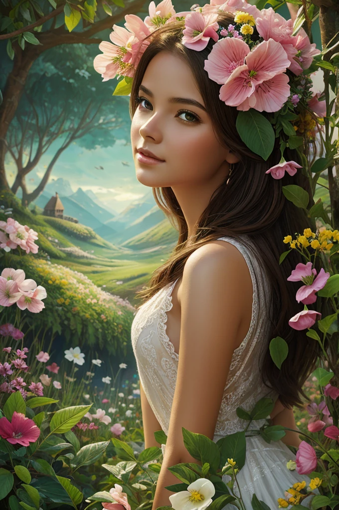 young woman, combine , nature,flores,Fantasy art