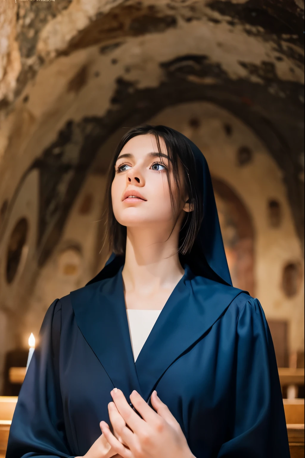 (4K), (Highest quality), (Best details), (Realistic)、Beautiful French girl praying in a cave church in Cappadocia、Wear a cassock、Frugal makeup、Black Hair、Blue Eyes、Beautiful ceiling painting