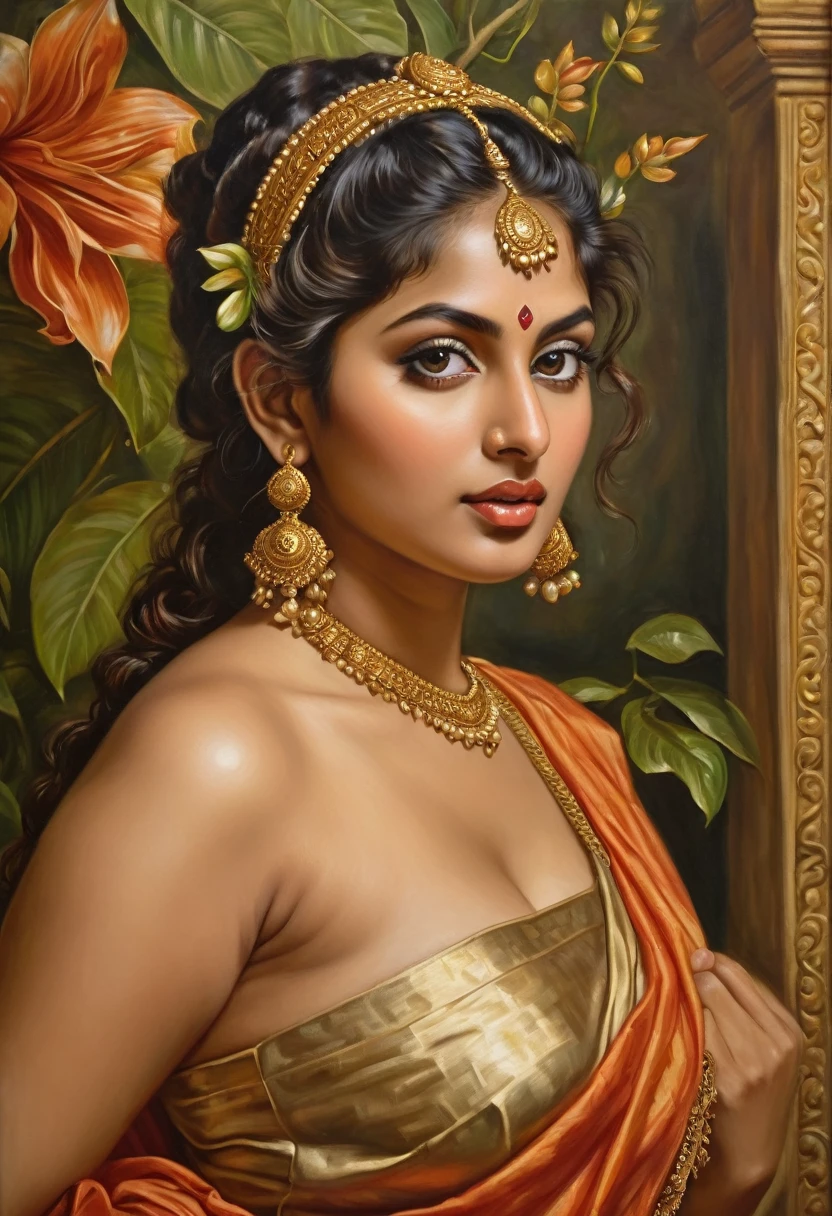 Looks like tammana bhatia, exotic Indian  beautiful woman, Apsara, Masterpiece, Beautiful Thick Woman, Best quality, high clarity eyes, critically flawless,sharp picture, Full portrait, High pixels, perfect face, perfect eyes, beautiful face, perfect hands,perfect fingers, in Peter Paul Rubens style, by Peter Paul Rubens, baroque style, acrylic on canvas, highly detailed, description: "Create a nymph inspired by the tales of Greek or Roman mythology, embodying the essence of a natural element or location, and possessing a unique ability or trait that sets her apart."