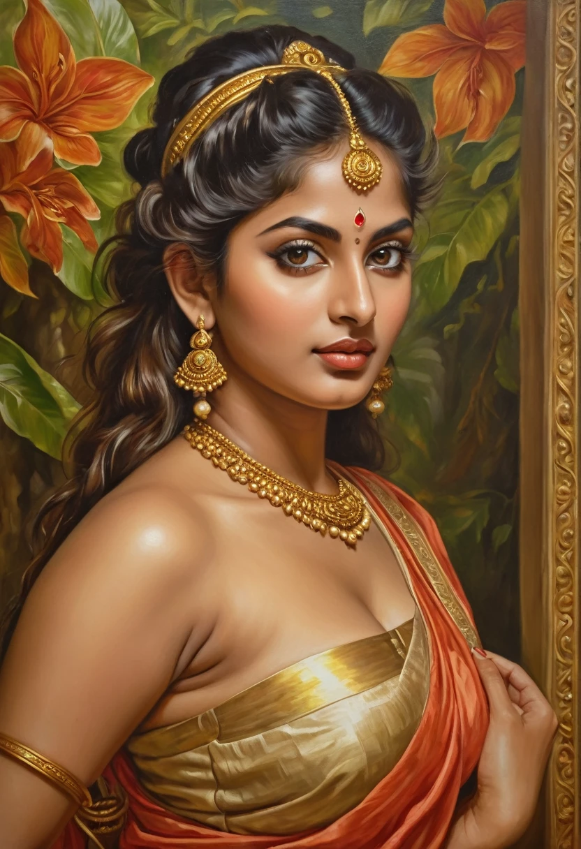 Looks like tammana bhatia, exotic Indian  beautiful woman, Apsara, Masterpiece, Beautiful Thick Woman, Best quality, high clarity eyes, critically flawless,sharp picture, Full portrait, High pixels, perfect face, perfect eyes, beautiful face, perfect hands,perfect fingers, in Peter Paul Rubens style, by Peter Paul Rubens, baroque style, acrylic on canvas, highly detailed, description: "Create a nymph inspired by the tales of Greek or Roman mythology, embodying the essence of a natural element or location, and possessing a unique ability or trait that sets her apart."